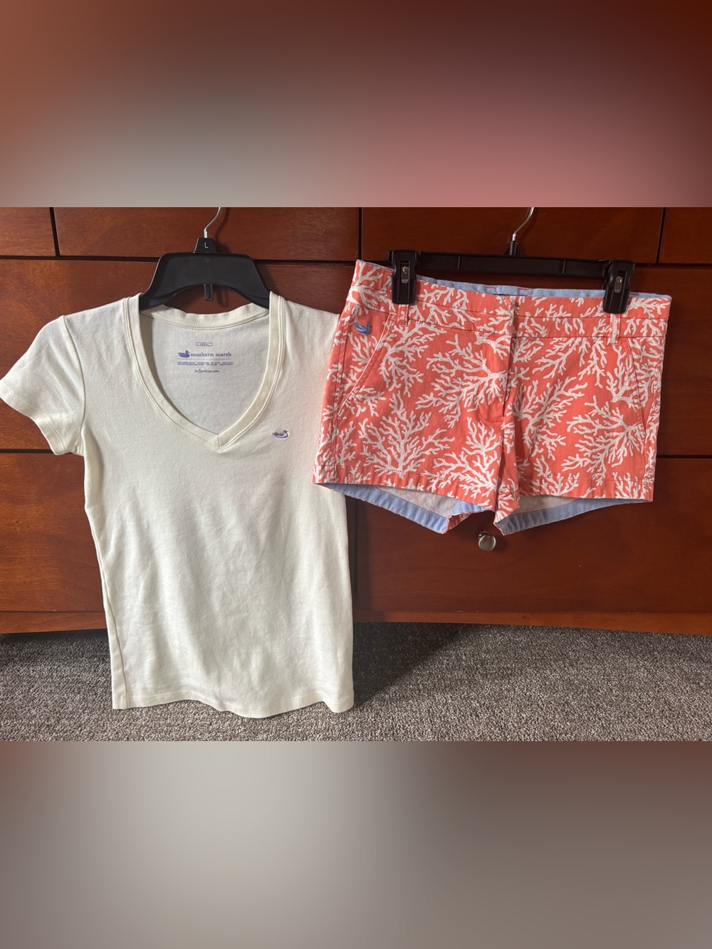 Southern Marsh Cream V-Neck Tee with Purple Logo and coral Brighton Shorts